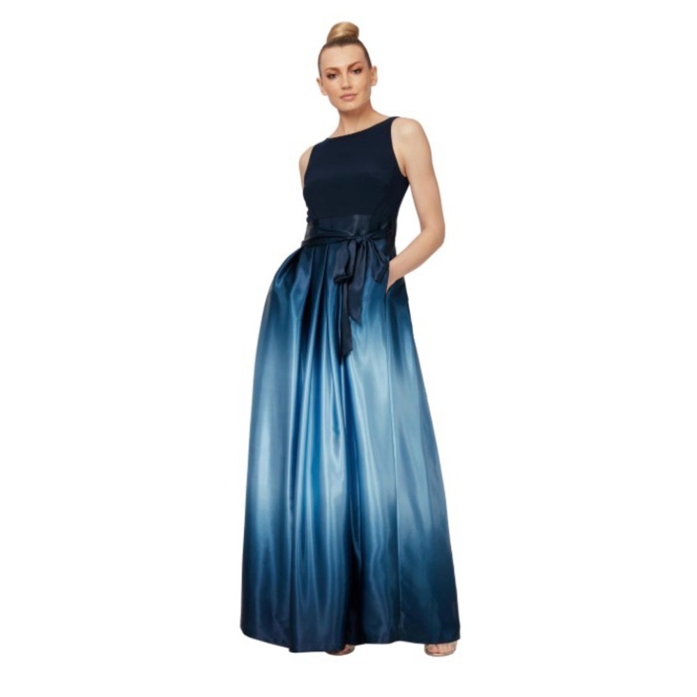SLNY Navy Satin Maxi Dress w/ Pockets | Ombré Blue Flowing Evening Gown